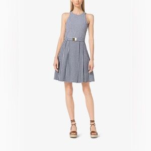 Michael Kors Preppy Old Money Cotton Navy Gingham Belted Pleated Midi Dress